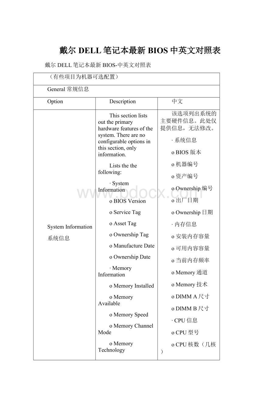 戴尔DELL笔记本最新BIOS中英文对照表Word格式文档下载.docx