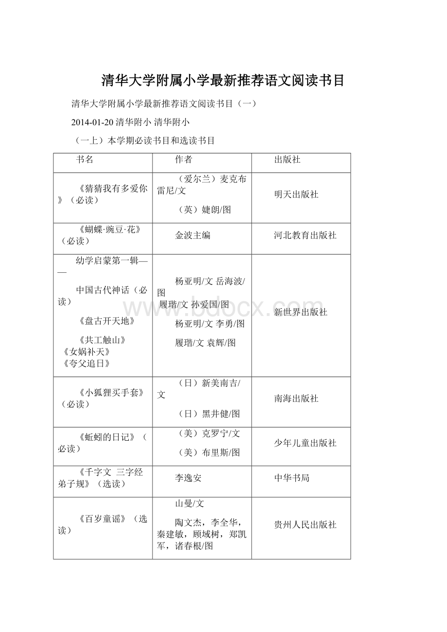 清华大学附属小学最新推荐语文阅读书目Word文档格式.docx_第1页