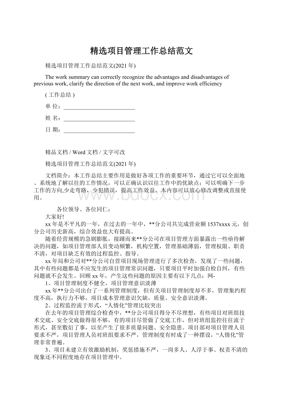 精选项目管理工作总结范文.docx