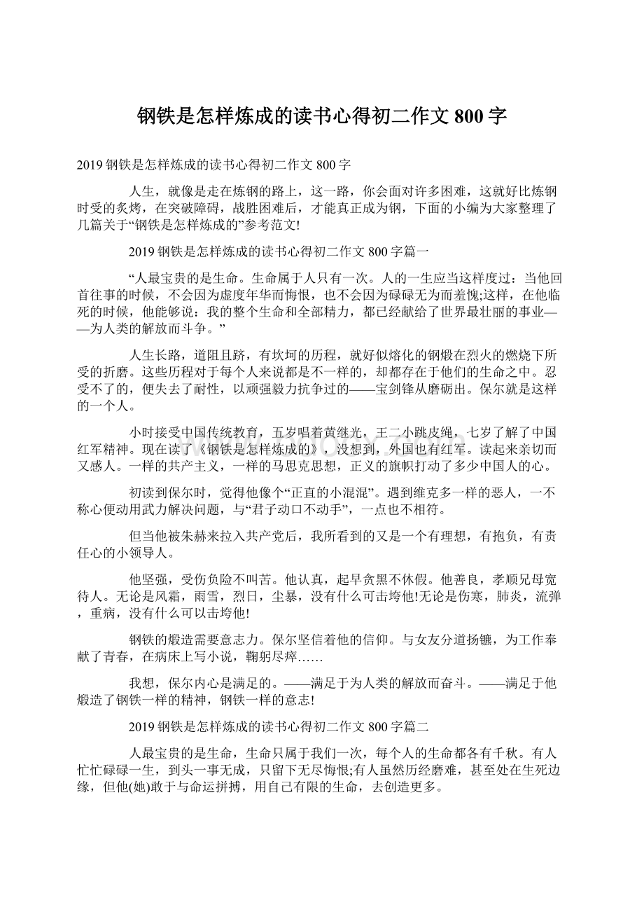 钢铁是怎样炼成的读书心得初二作文800字Word格式文档下载.docx