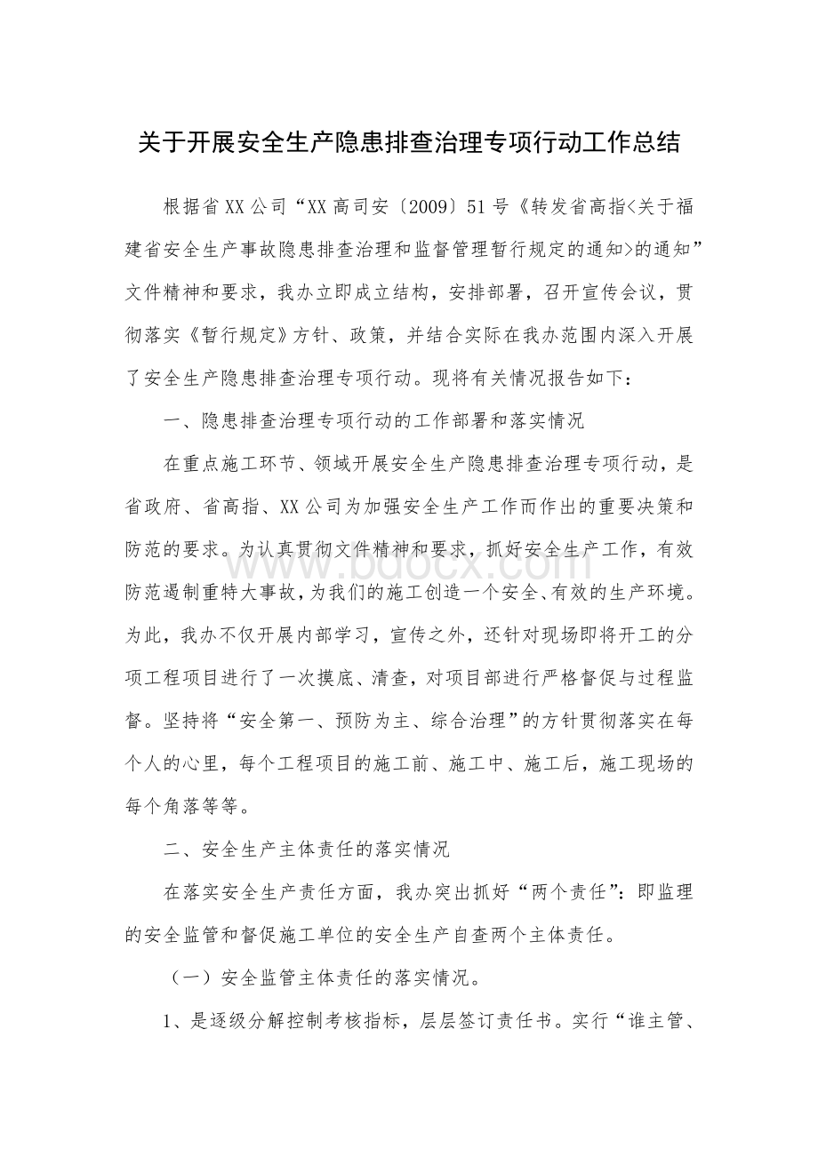 关于开展安全生产隐患排查治理专项行动工作总结文档格式.doc_第1页