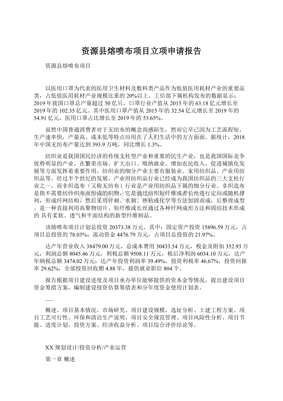 资源县熔喷布项目立项申请报告文档格式.docx