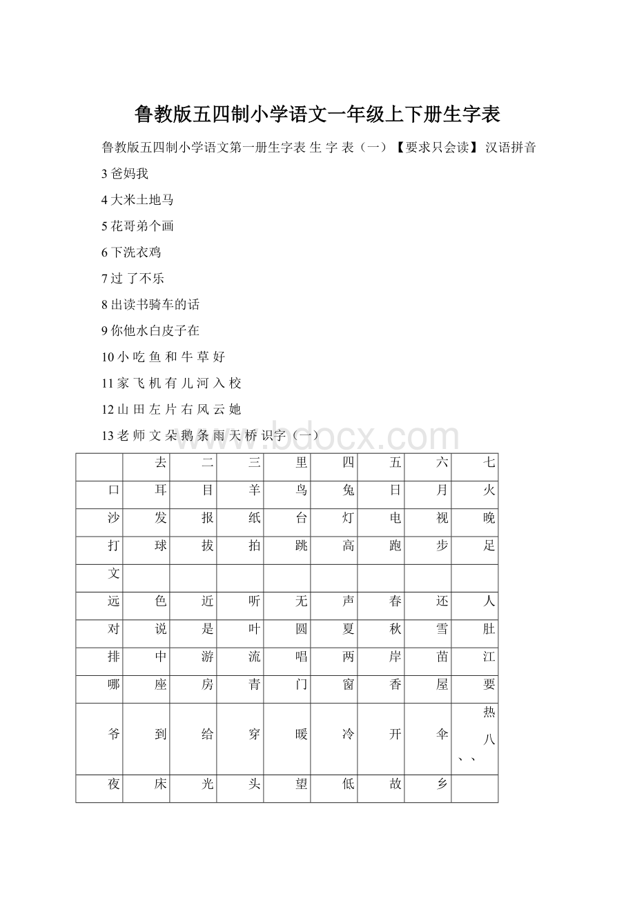 鲁教版五四制小学语文一年级上下册生字表.docx