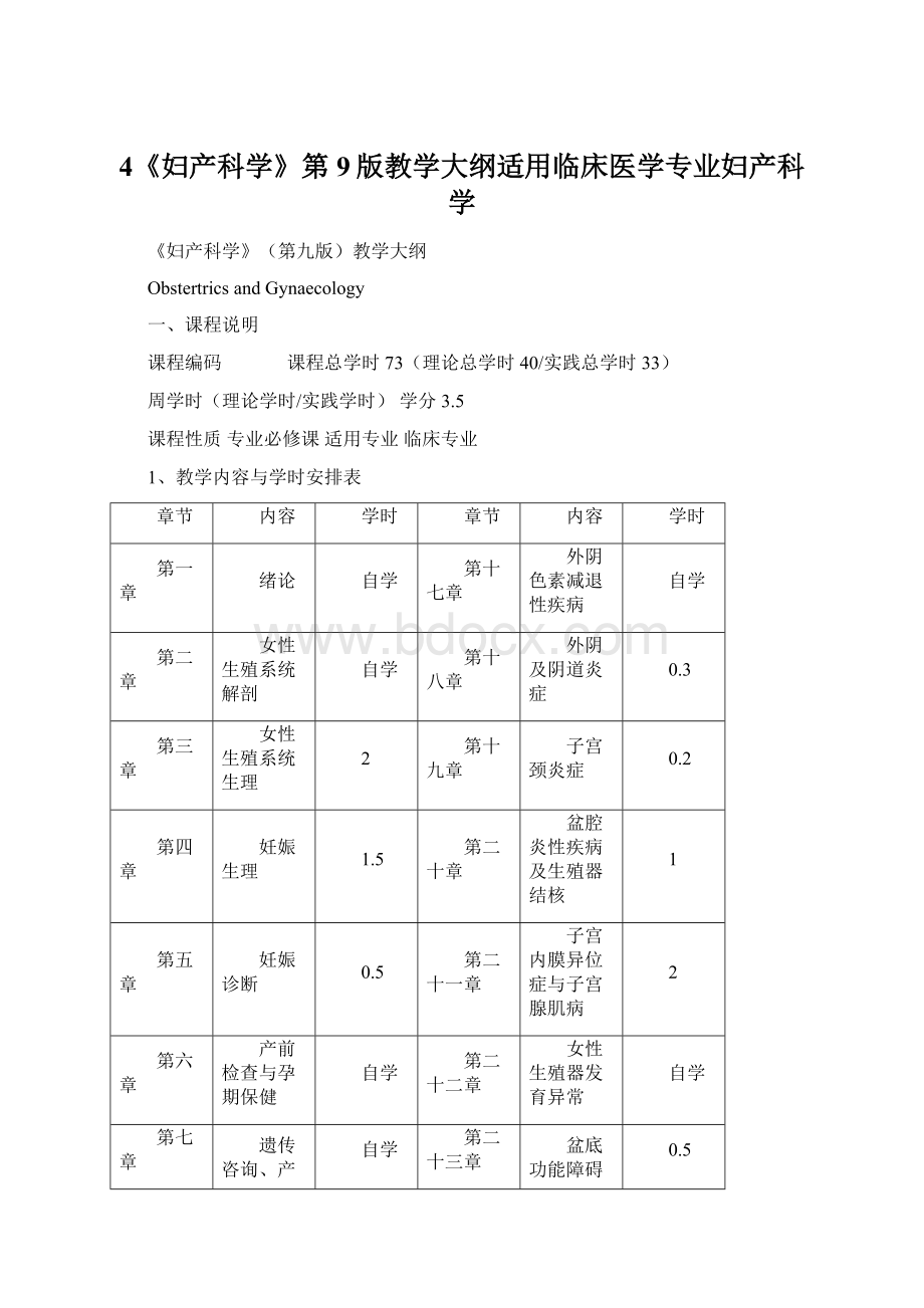 4《妇产科学》第9版教学大纲适用临床医学专业妇产科学文档格式.docx