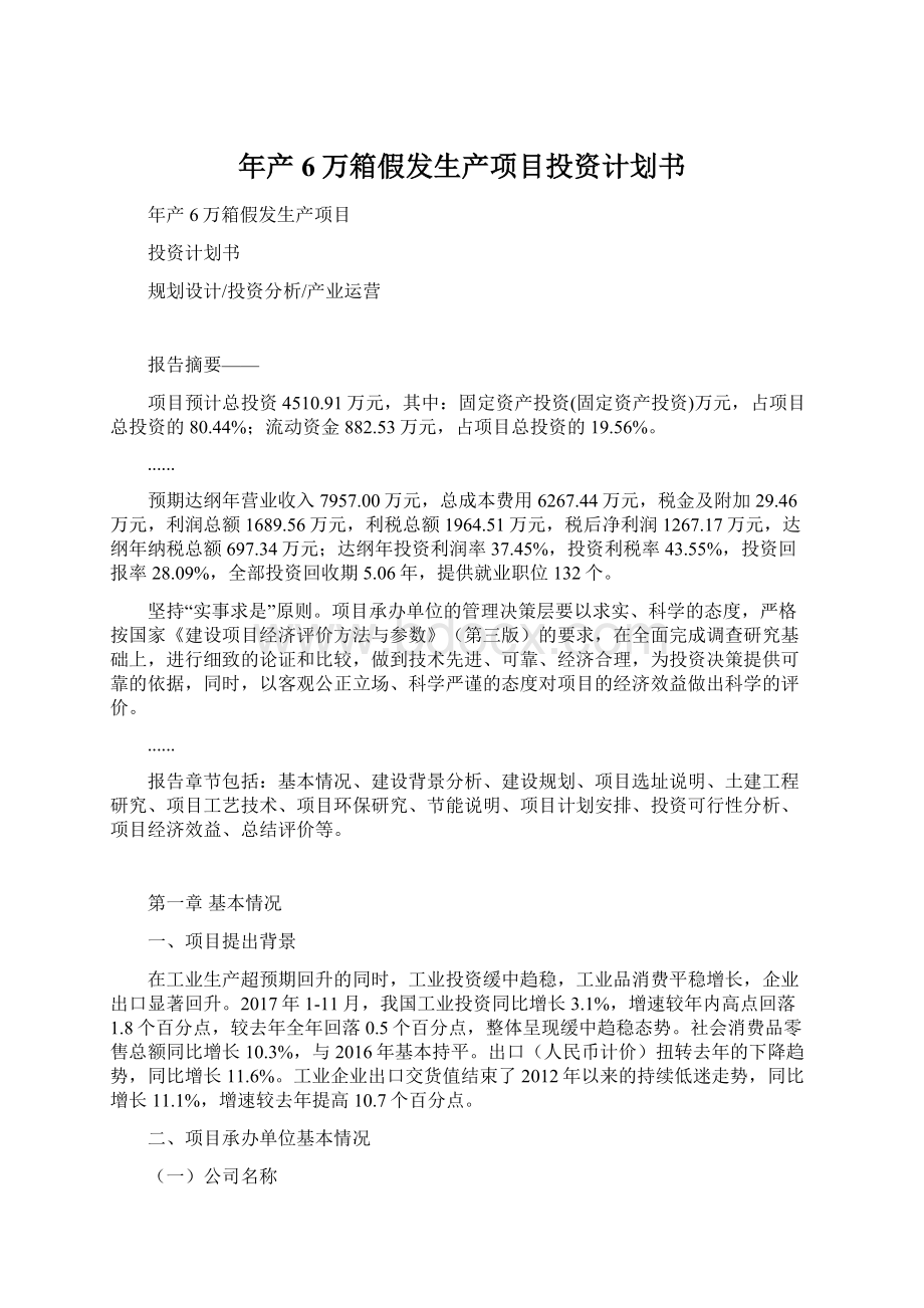 年产6万箱假发生产项目投资计划书Word文档格式.docx_第1页