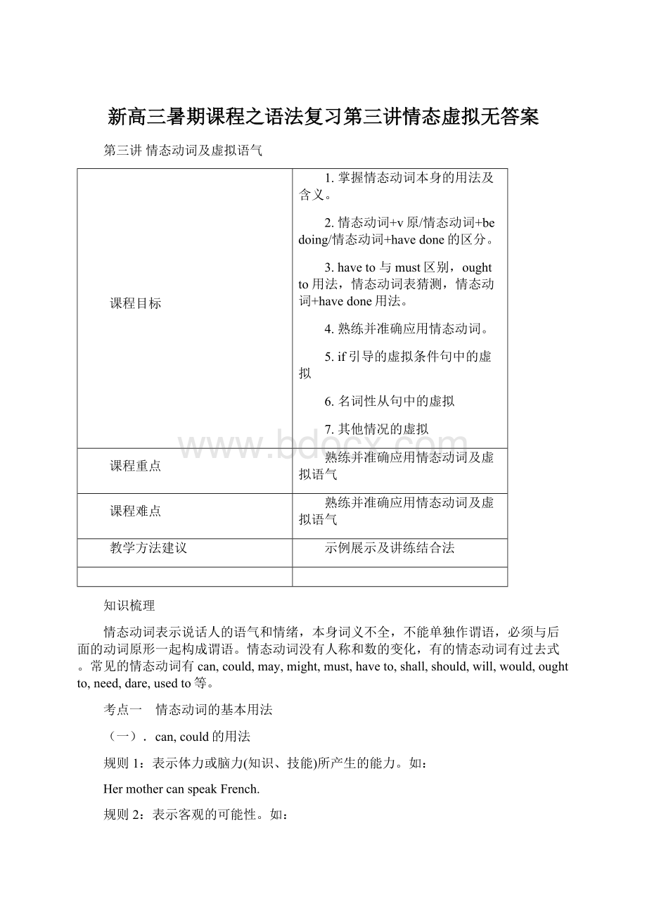 新高三暑期课程之语法复习第三讲情态虚拟无答案Word下载.docx