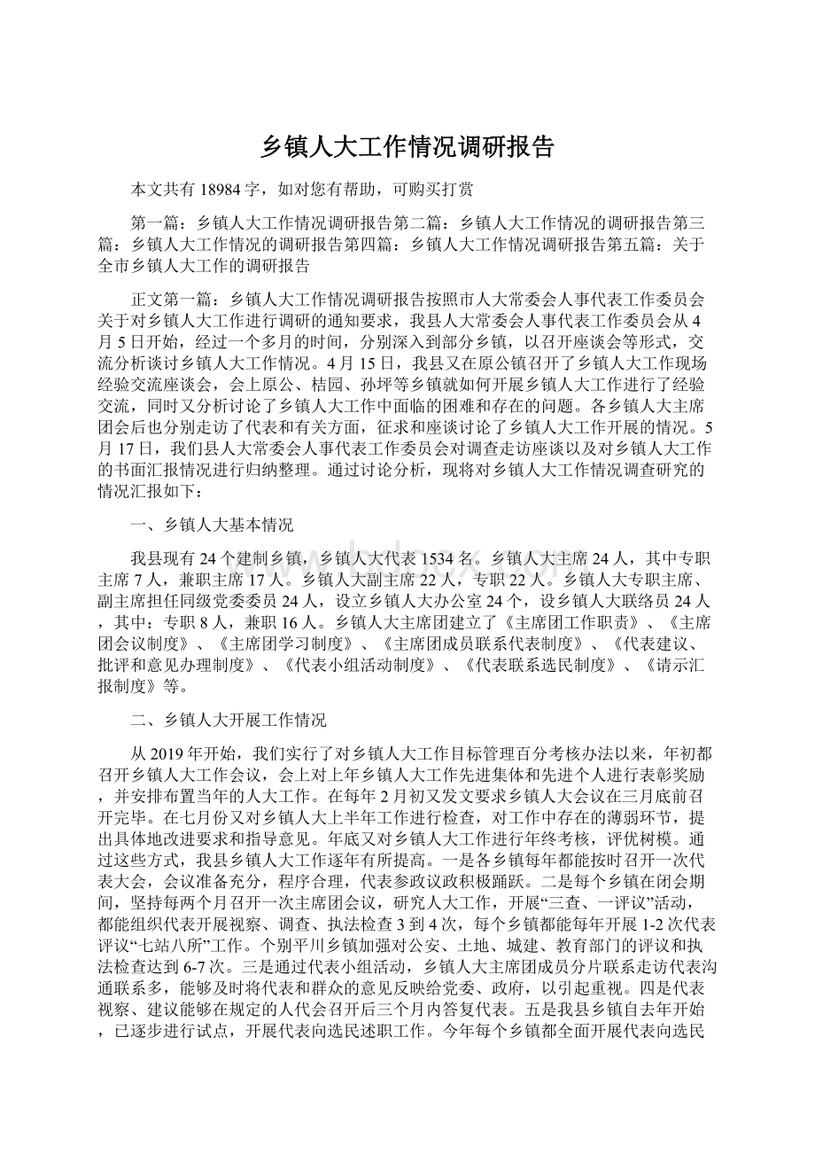 乡镇人大工作情况调研报告Word格式.docx_第1页