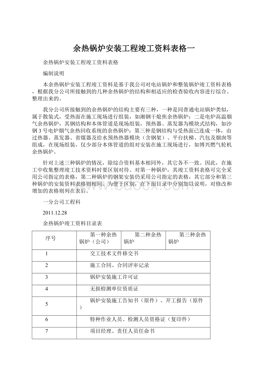 余热锅炉安装工程竣工资料表格一.docx