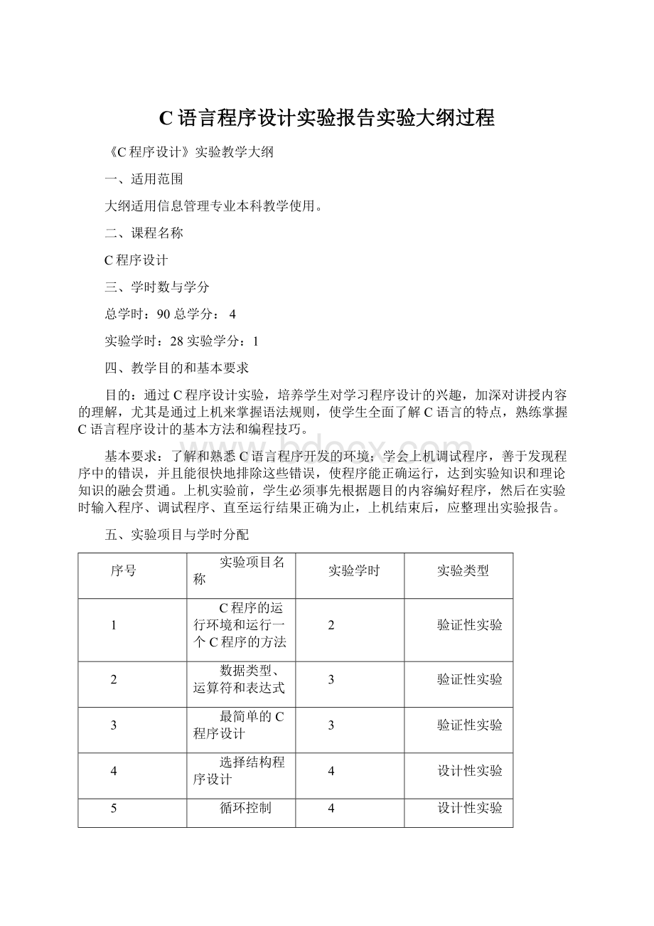 C语言程序设计实验报告实验大纲过程Word文档下载推荐.docx_第1页