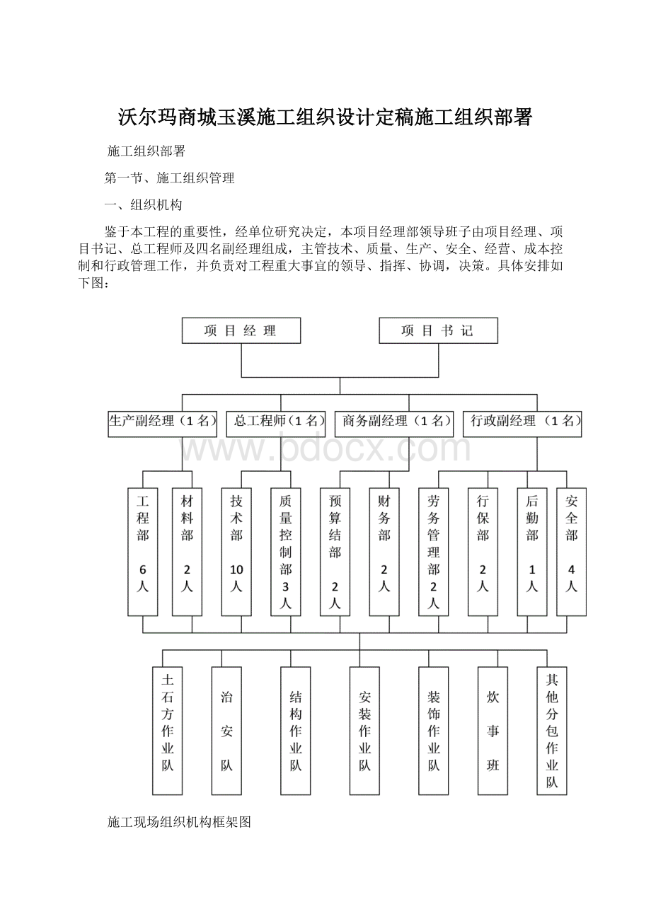 沃尔玛商城玉溪施工组织设计定稿施工组织部署.docx