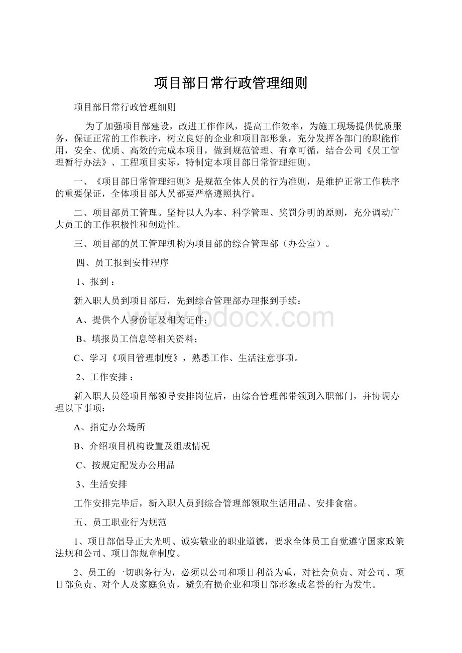 项目部日常行政管理细则文档格式.docx