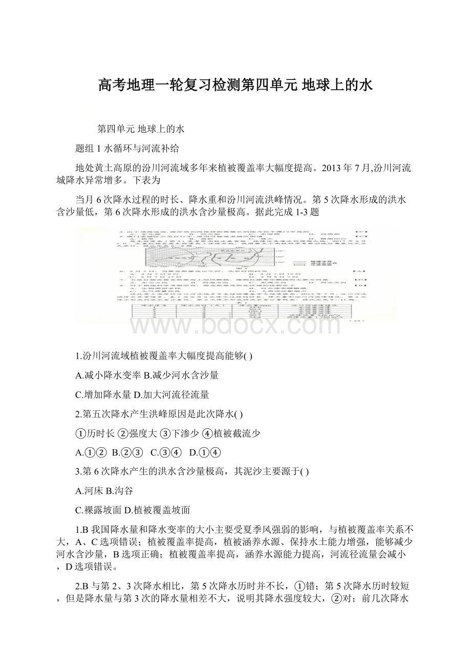 高考地理一轮复习检测第四单元地球上的水.docx