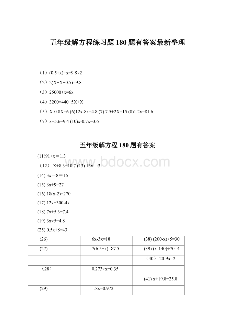 五年级解方程练习题180题有答案最新整理Word格式文档下载.docx