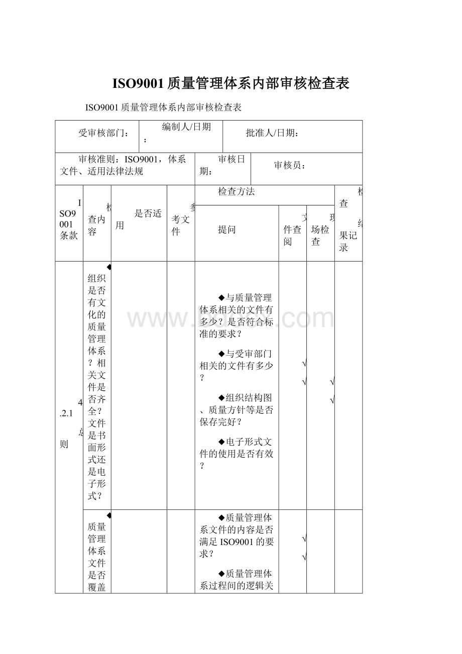 ISO9001质量管理体系内部审核检查表.docx_第1页