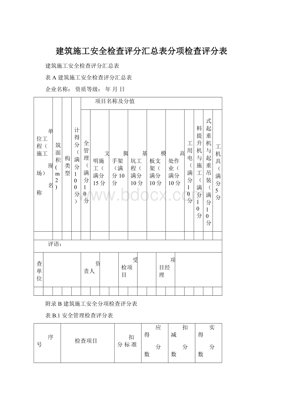 建筑施工安全检查评分汇总表分项检查评分表Word文档下载推荐.docx