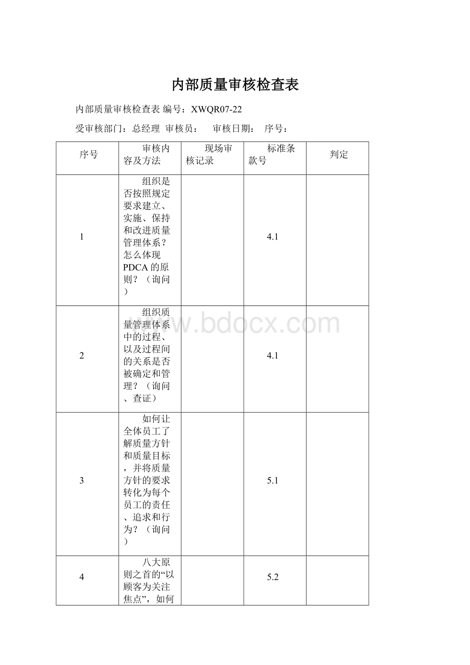 内部质量审核检查表Word格式文档下载.docx