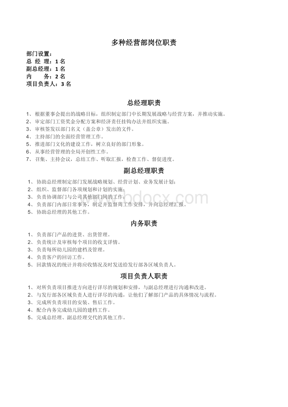 多种经营部岗位职责及工作流程制度草案.docx_第1页