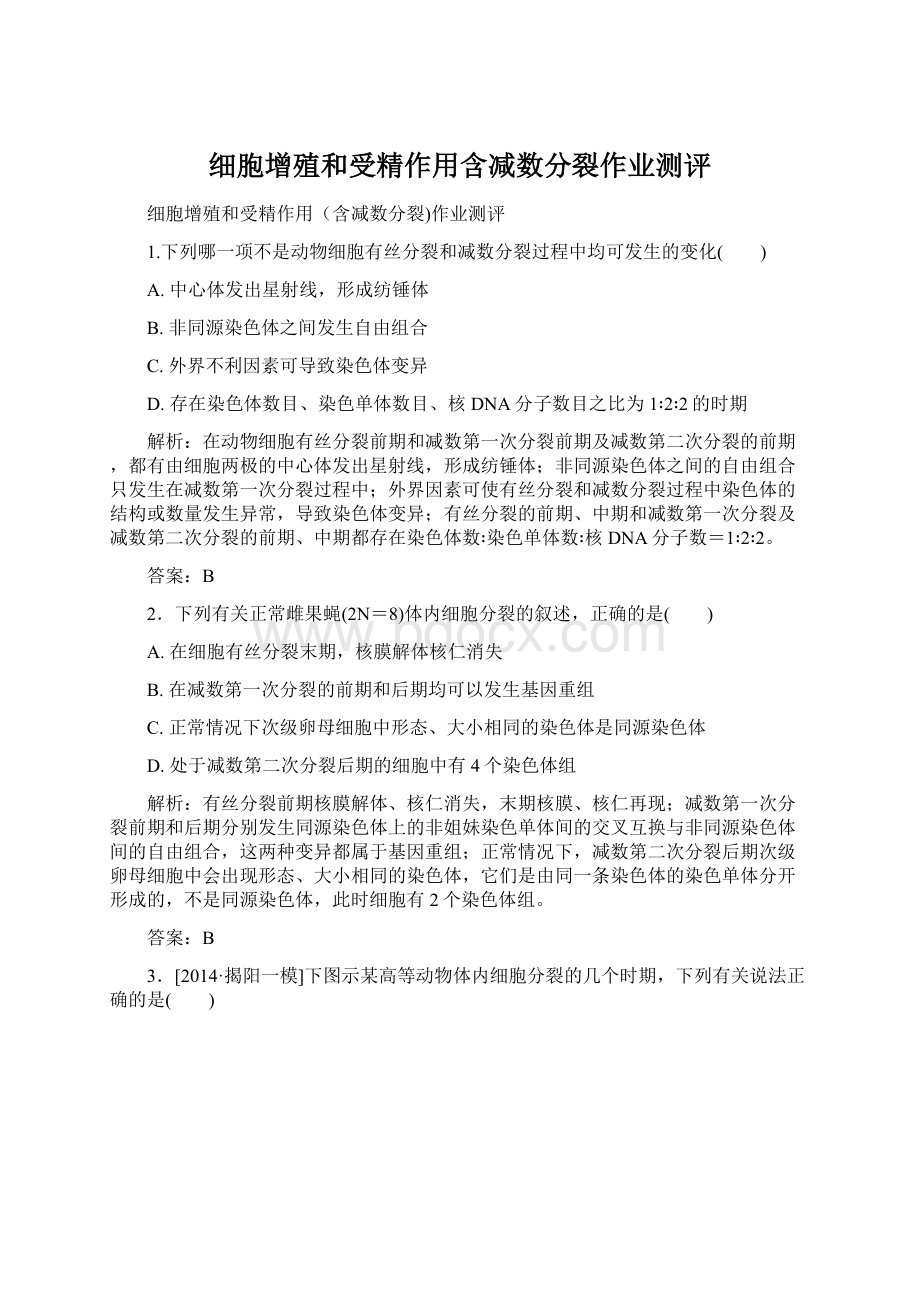 细胞增殖和受精作用含减数分裂作业测评.docx