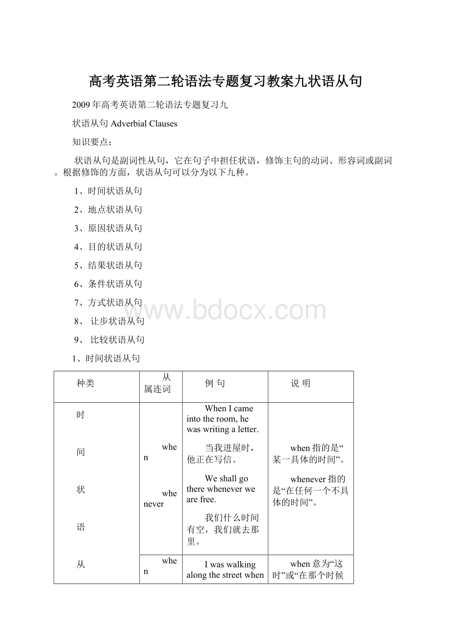 高考英语第二轮语法专题复习教案九状语从句.docx