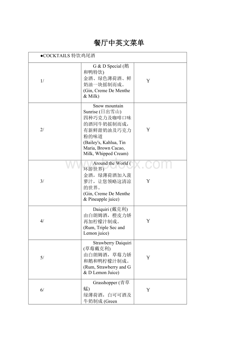 餐厅中英文菜单文档格式.docx