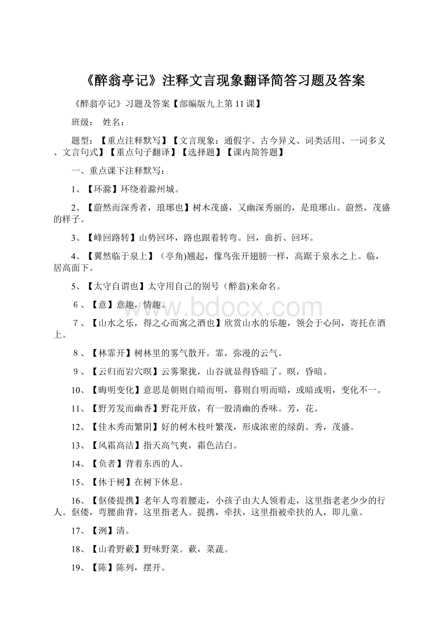 《醉翁亭记》注释文言现象翻译简答习题及答案.docx_第1页