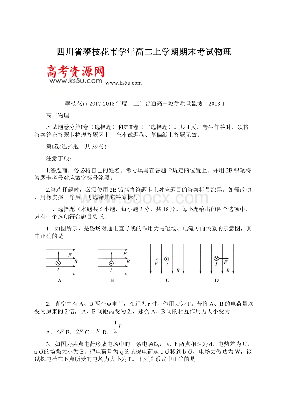 四川省攀枝花市学年高二上学期期末考试物理Word格式.docx_第1页