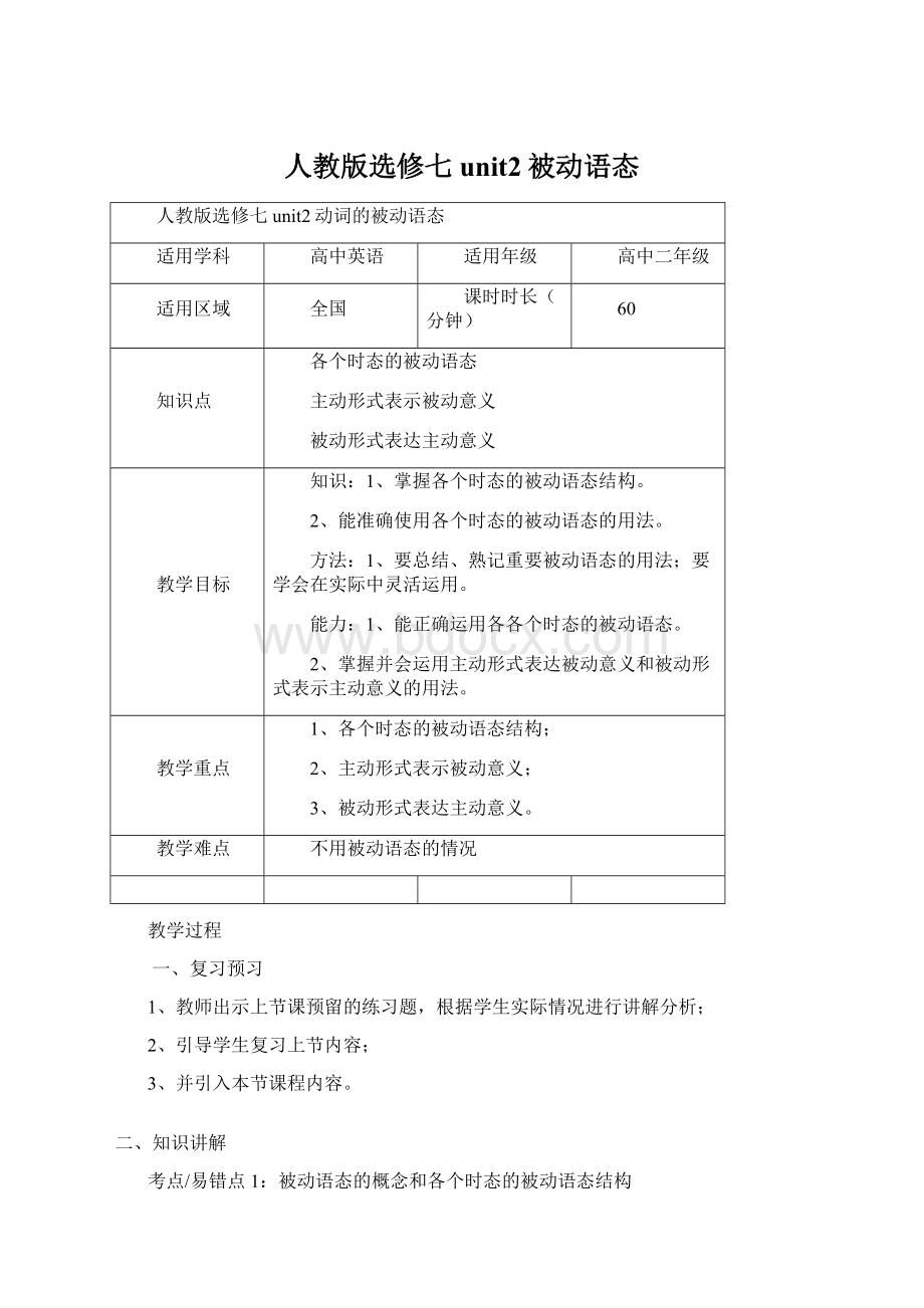 人教版选修七unit2被动语态Word文档下载推荐.docx_第1页