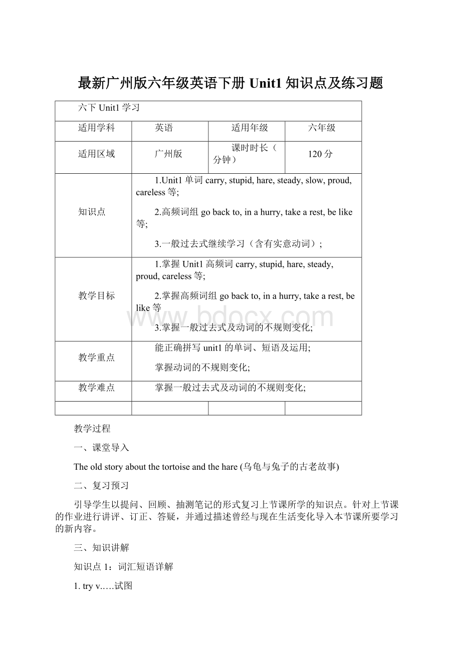 最新广州版六年级英语下册Unit1知识点及练习题.docx_第1页