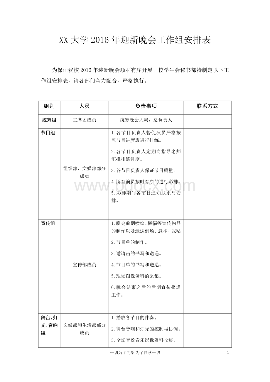 XX学校2016年迎新晚会工作组安排表.docx