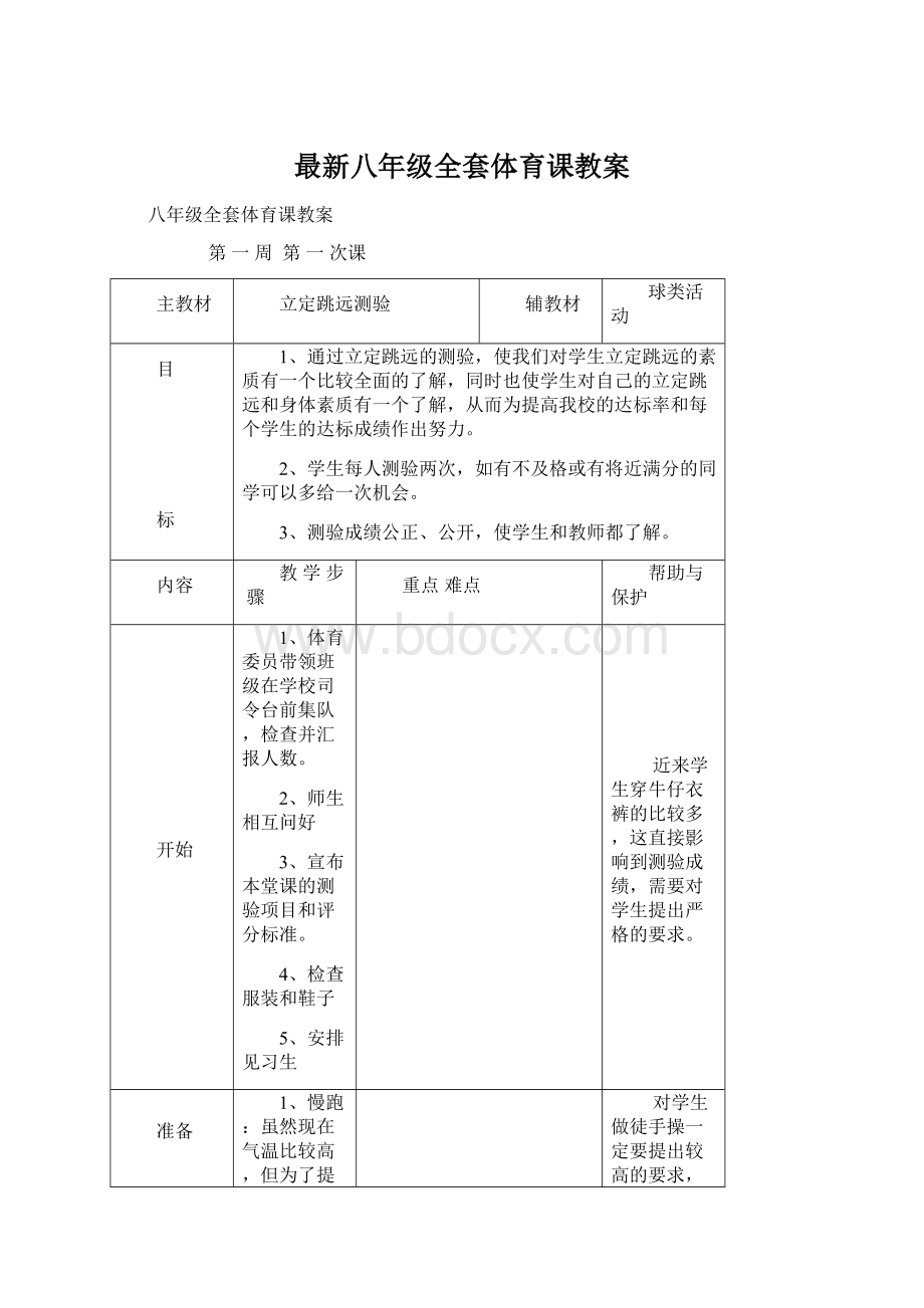 最新八年级全套体育课教案.docx