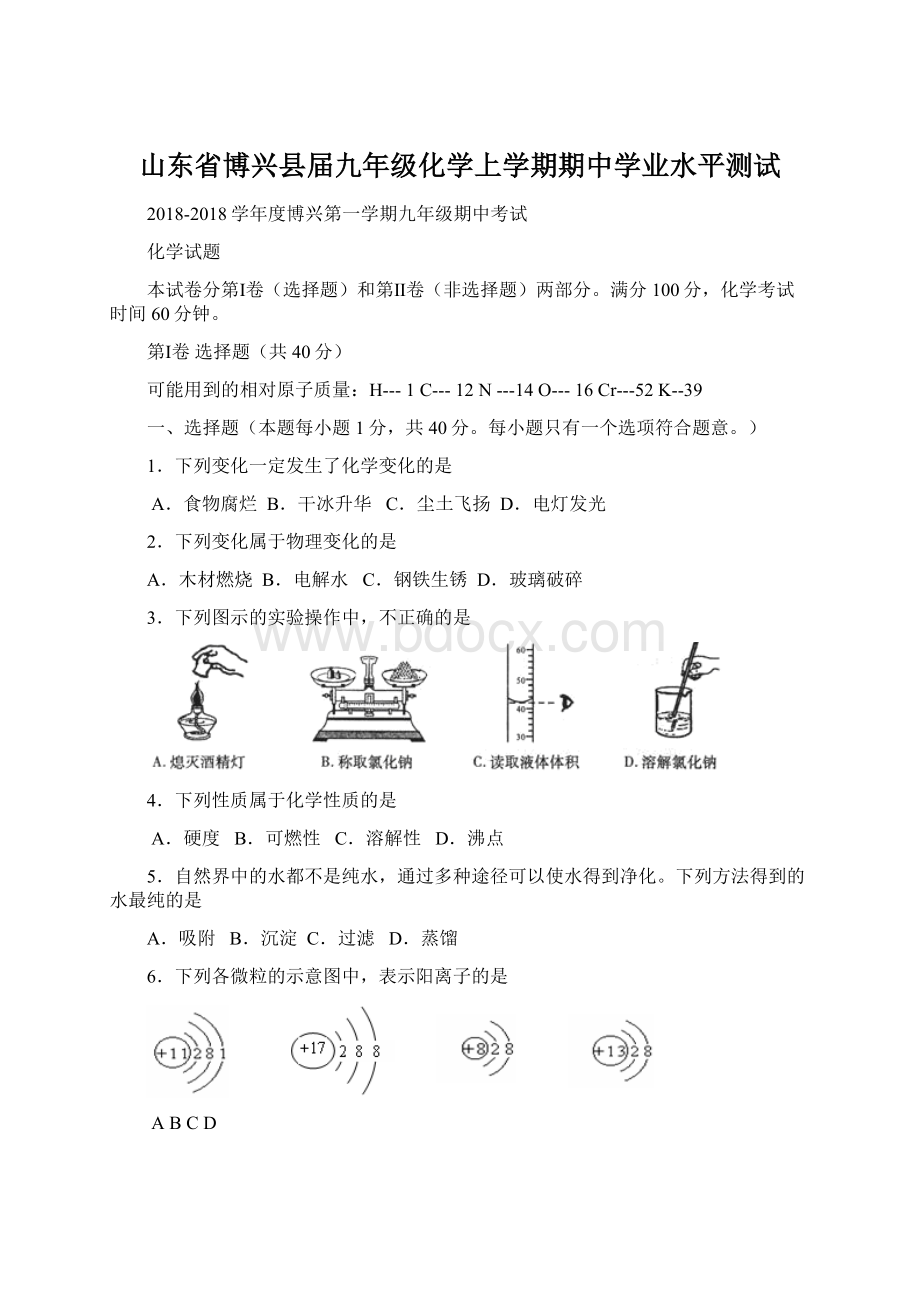 山东省博兴县届九年级化学上学期期中学业水平测试.docx