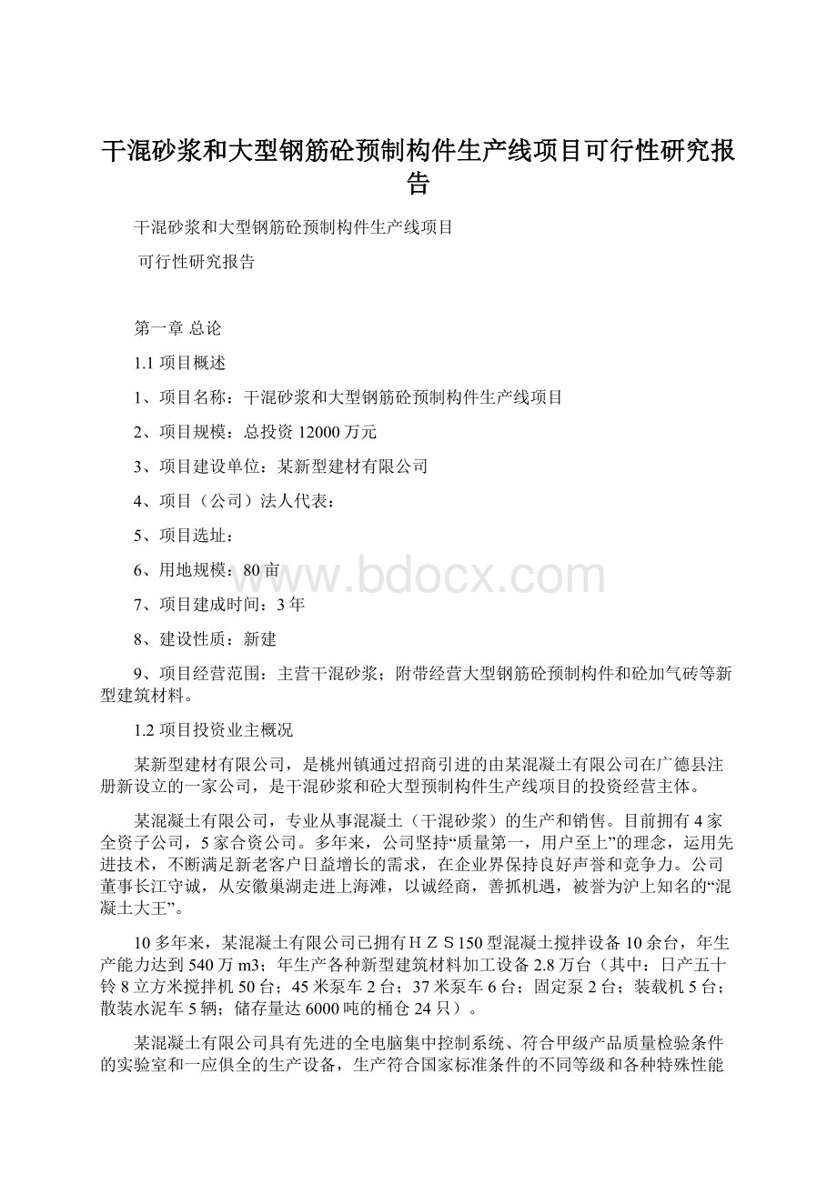 干混砂浆和大型钢筋砼预制构件生产线项目可行性研究报告.docx