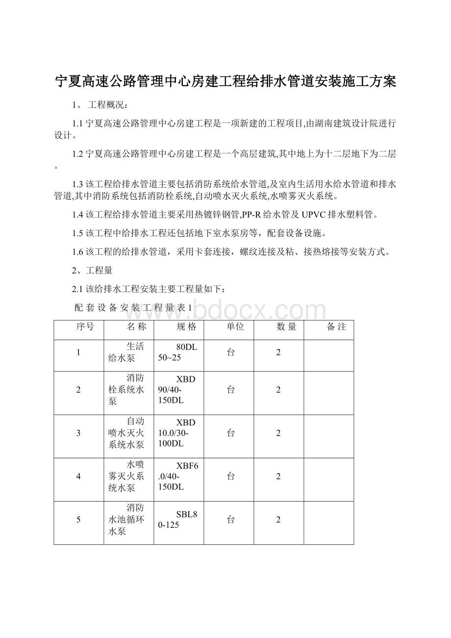 宁夏高速公路管理中心房建工程给排水管道安装施工方案Word下载.docx