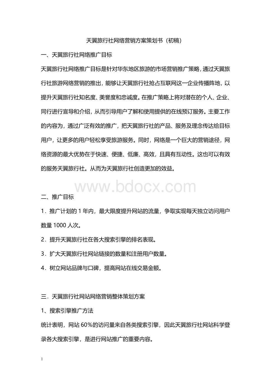 天翼旅行社网络营销方案策划书(初稿).docx_第1页