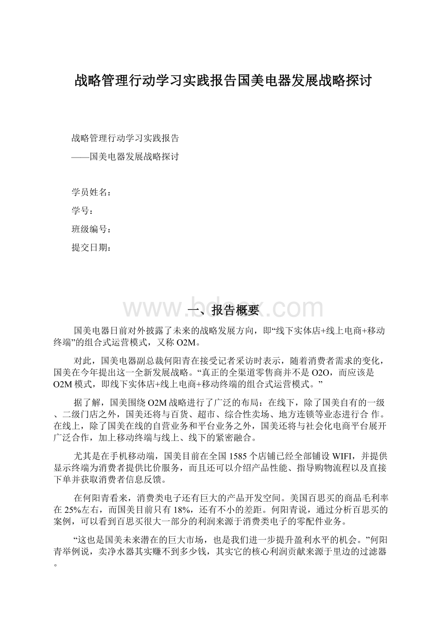 战略管理行动学习实践报告国美电器发展战略探讨Word文件下载.docx_第1页