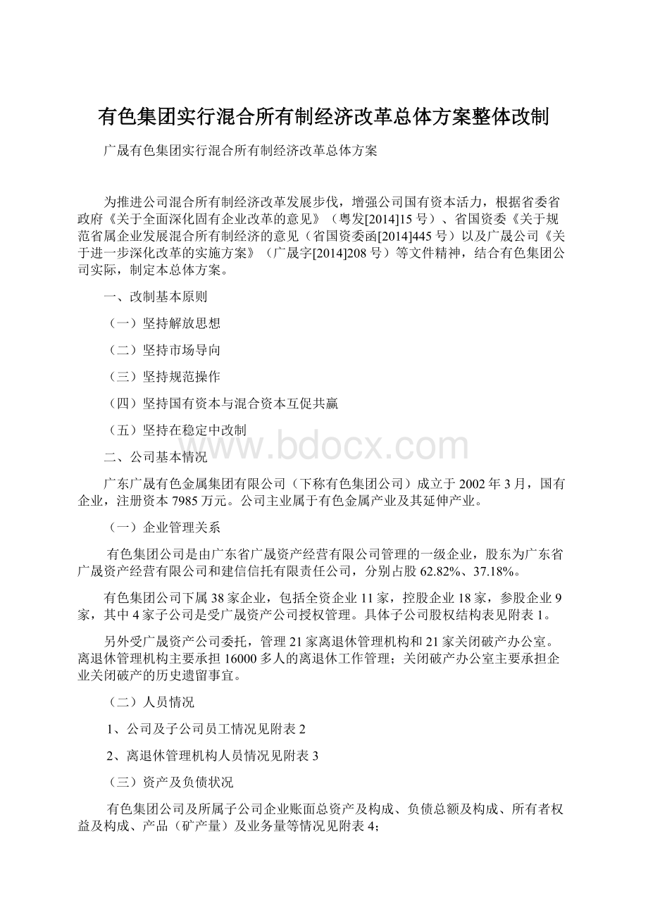 有色集团实行混合所有制经济改革总体方案整体改制.docx_第1页