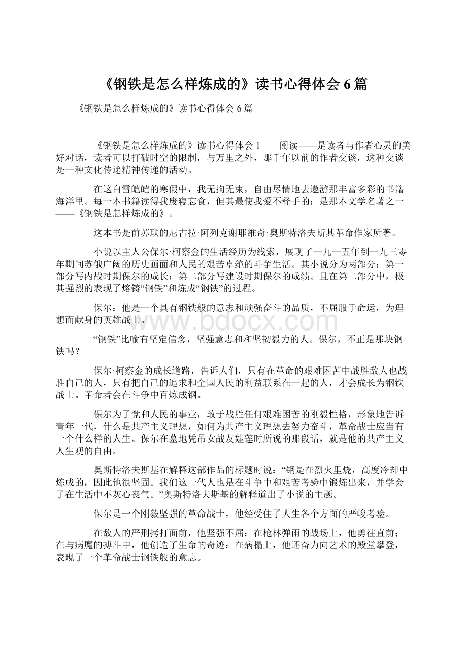 《钢铁是怎么样炼成的》读书心得体会6篇Word格式文档下载.docx