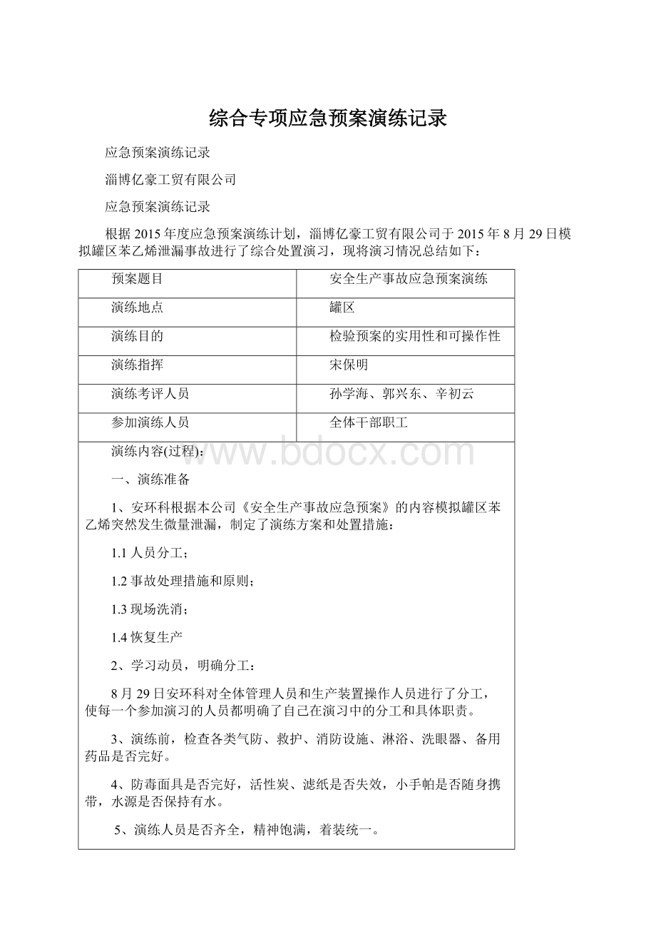 综合专项应急预案演练记录Word文档格式.docx