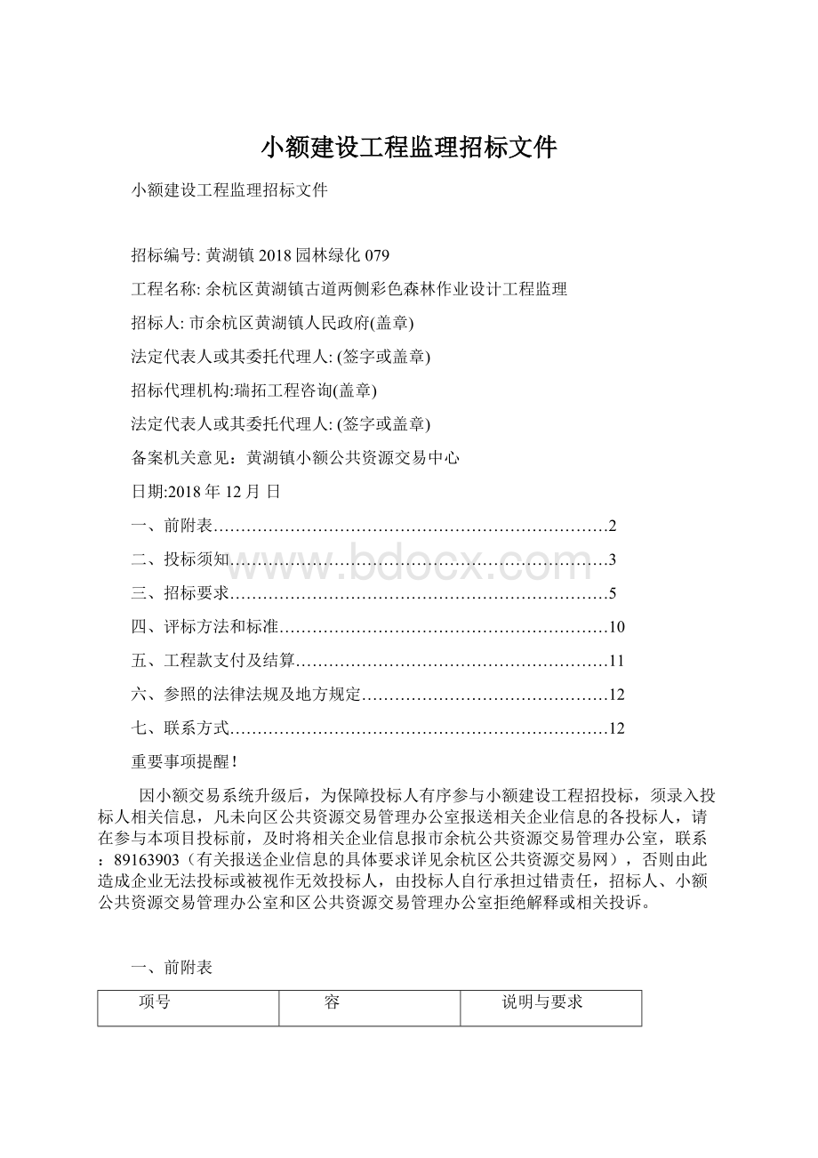 小额建设工程监理招标文件Word格式.docx