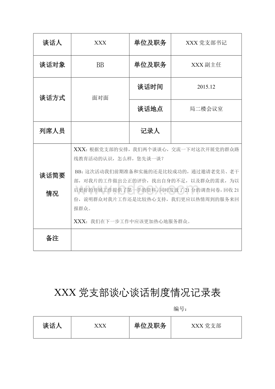 党支部谈心谈话记录表Word文档下载推荐.docx_第2页