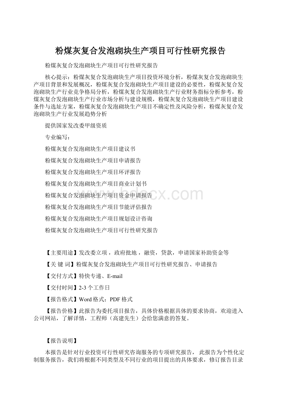 粉煤灰复合发泡砌块生产项目可行性研究报告Word格式文档下载.docx