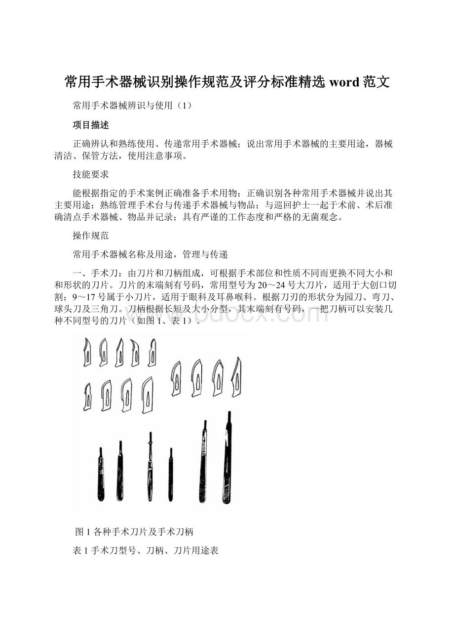 常用手术器械识别操作规范及评分标准精选word范文Word下载.docx