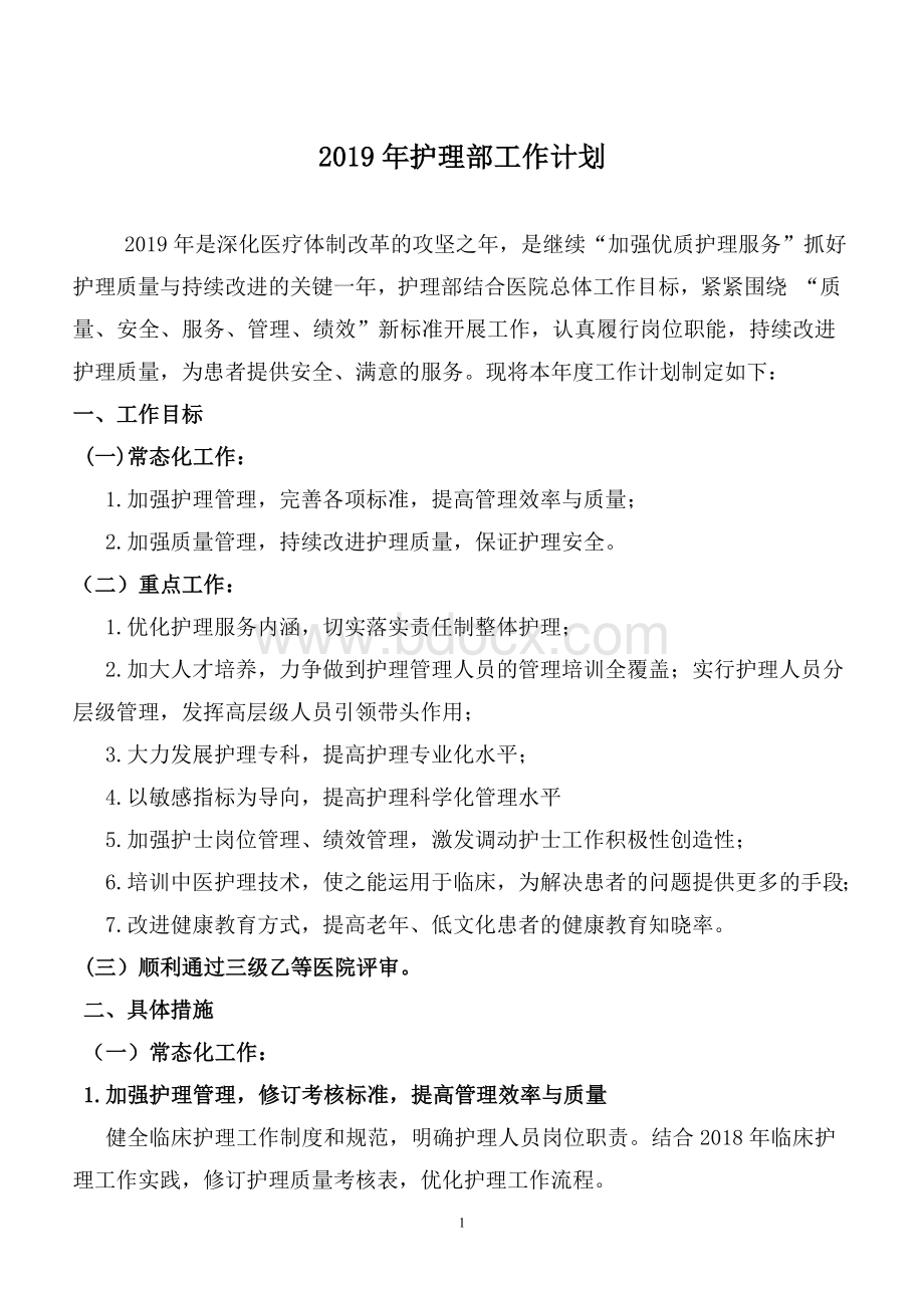 2019年护理部工作计划--终版Word文档下载推荐.doc