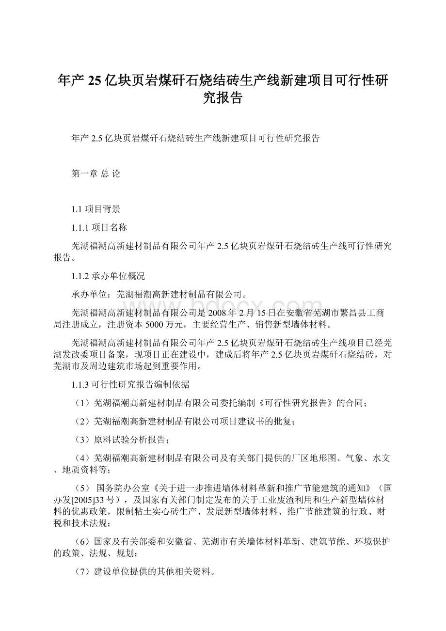 年产25亿块页岩煤矸石烧结砖生产线新建项目可行性研究报告Word文档格式.docx