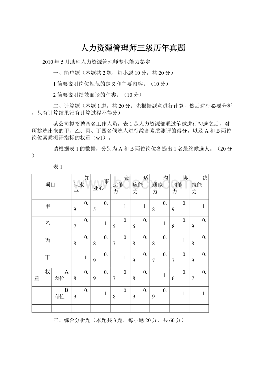 人力资源管理师三级历年真题Word文档下载推荐.docx