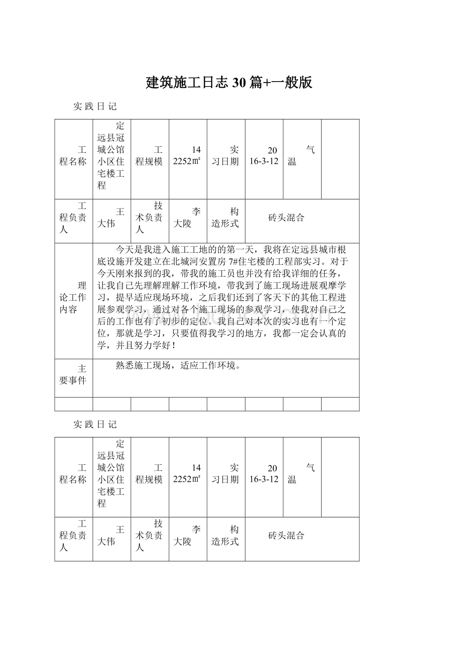 建筑施工日志30篇+一般版Word下载.docx_第1页