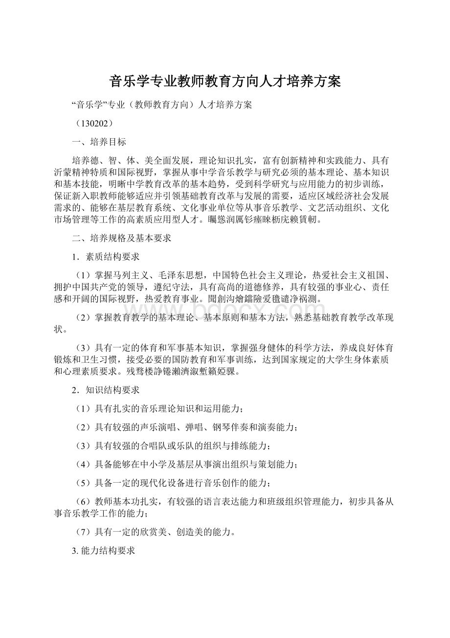 音乐学专业教师教育方向人才培养方案Word格式.docx