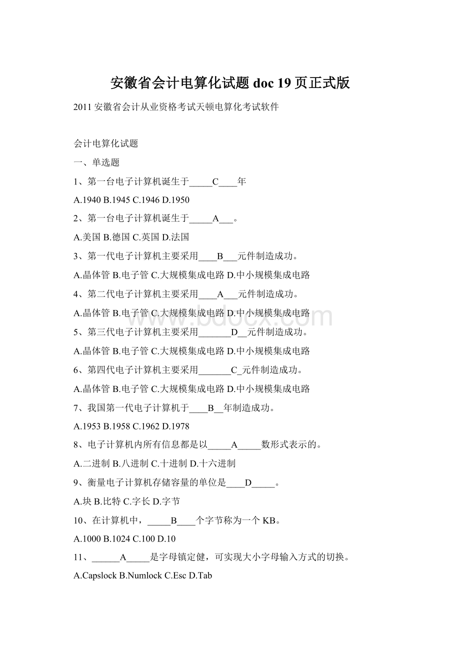 安徽省会计电算化试题doc 19页正式版Word文档下载推荐.docx_第1页