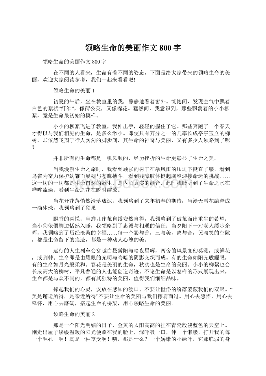 领略生命的美丽作文800字文档格式.docx