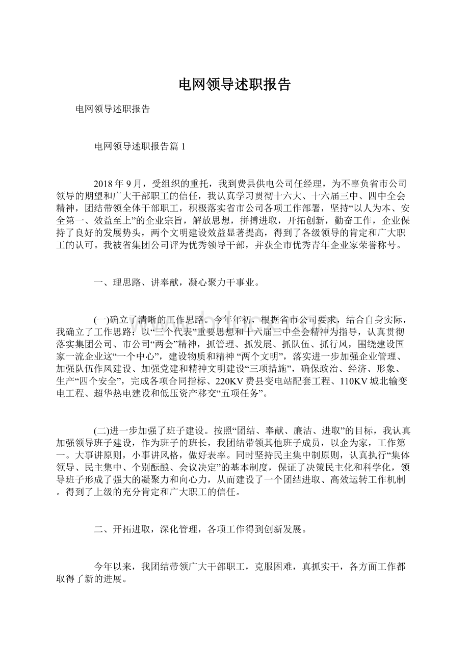 电网领导述职报告Word文档下载推荐.docx